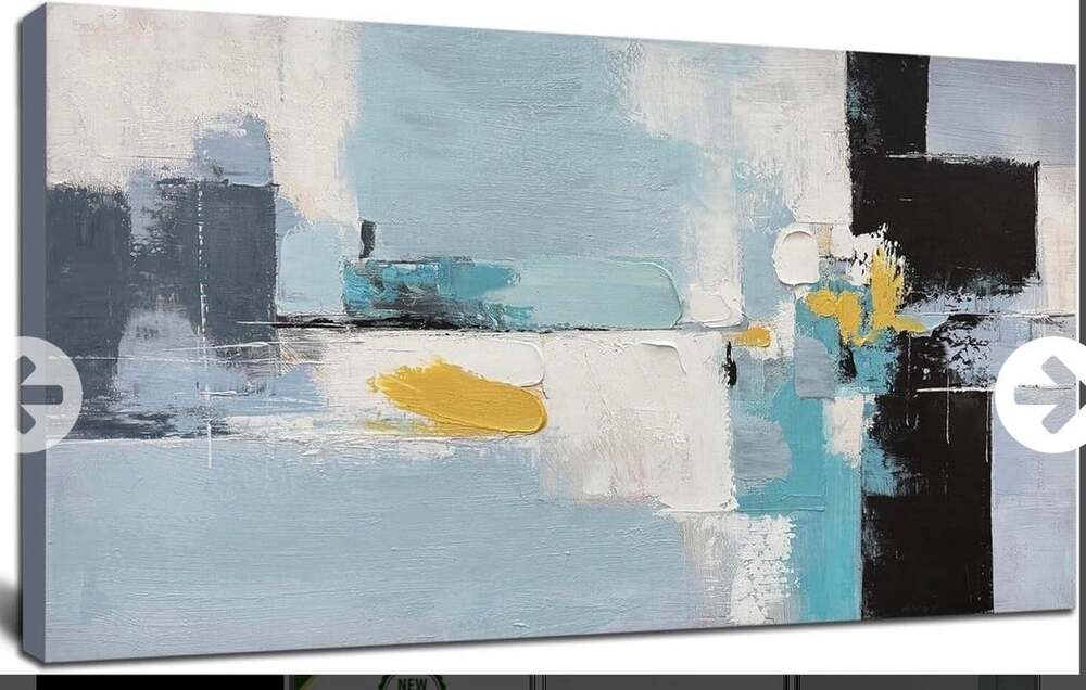 Abstract Wall Art Hand Painted Canvas Blue Black Yellow 40”Lx20”W